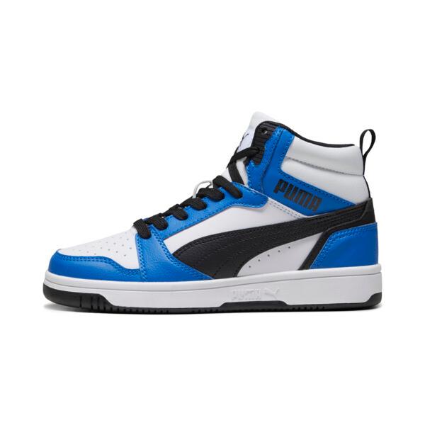 PUMA Rebound V6 Mid Big Kids' Sneakers in White/Black/Racing Blue, Size 4