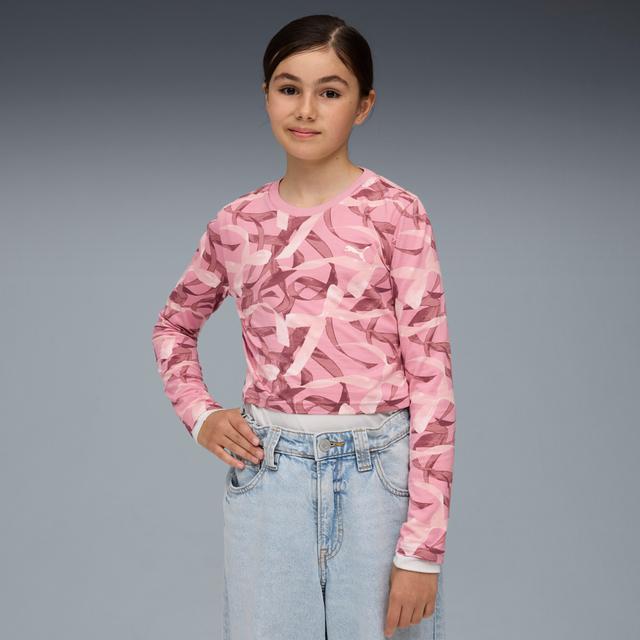 PUMA Bowtique Big Kids' Patterned Long Sleeve T-Shirt in Pink, Size XL
