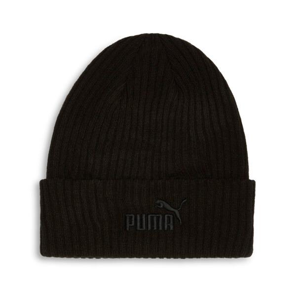 PUMA Logo Ribbed Cuff Beanie Hat in Black Traditional