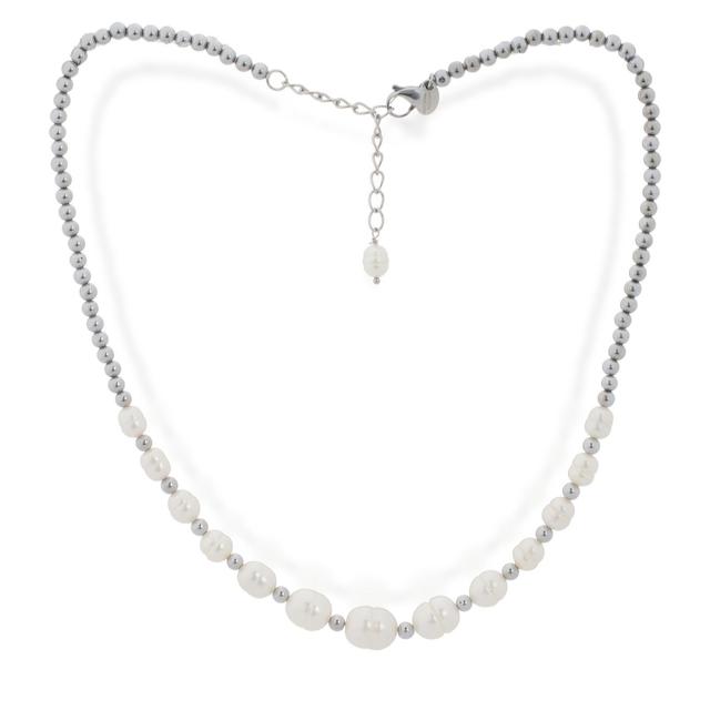 Lara Pearl 6-10mm Cultured Pearl & Hematite Necklace Stainless Steel