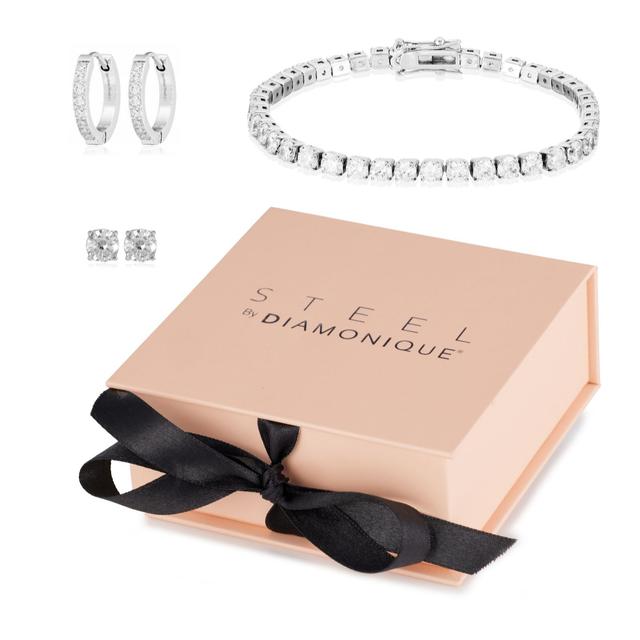 Steel by Diamonique 12ct tw Tennis Bracelet & Earring Set Stainless...