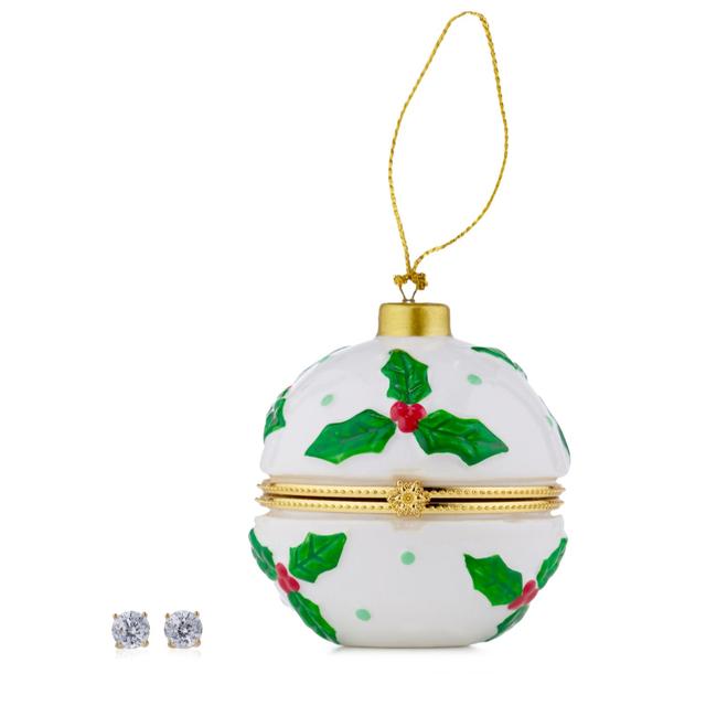 Diamonique 2ct tw Stud Earrings in Holly Ceramic Bauble Sterling Si...