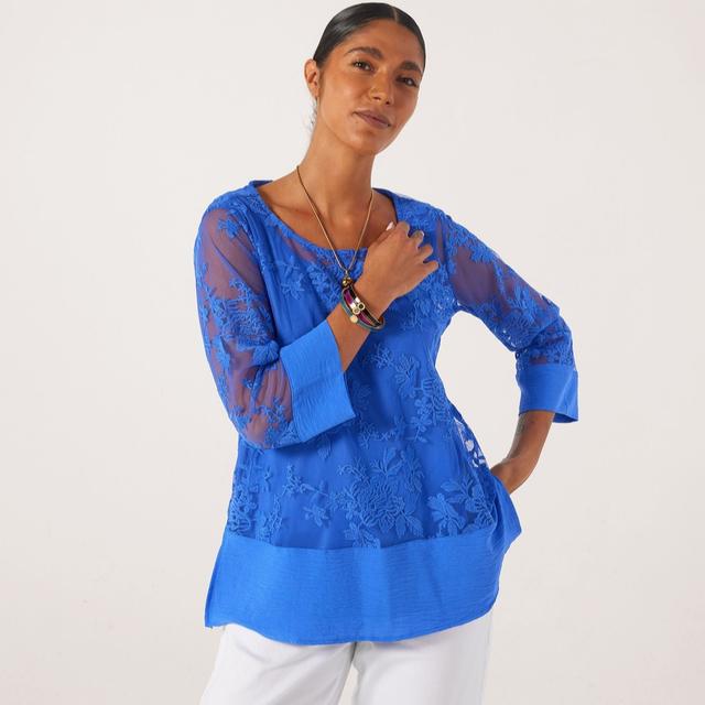 Nina Leonard Boxy Tunic With See Through Embroidery Mesh & Tank Lining