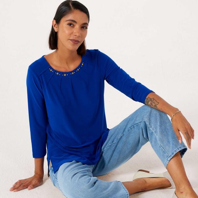 Nina Leonard 3/4 Sleeve Pleated Stud Neck Line Tunic