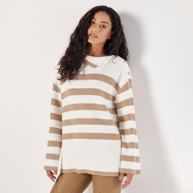 Apricot Engineered Stripe Lion Metal Shoulder Button Jumper