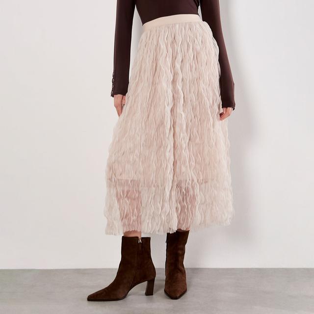 Apricot Wavy Tulle Midi Skirt
