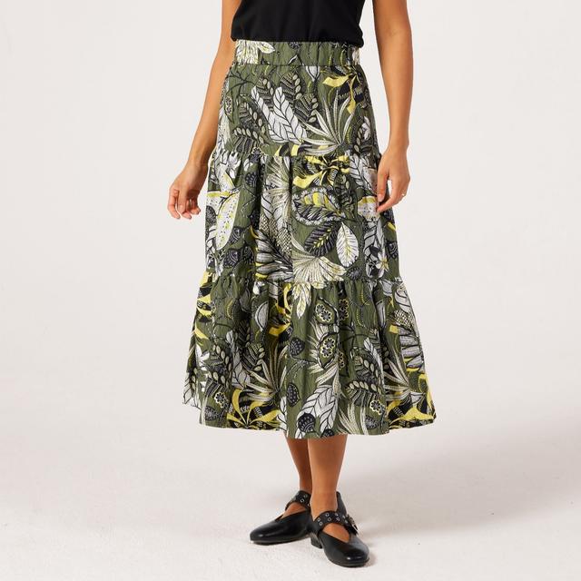 Helene Berman Cotton Tropical Print Tiered Stretch Waist Skirt w/Po...