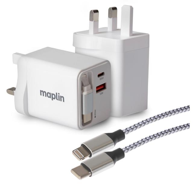 Maplin USB Wall Charger with Retractable USB-C & Lightning Cable