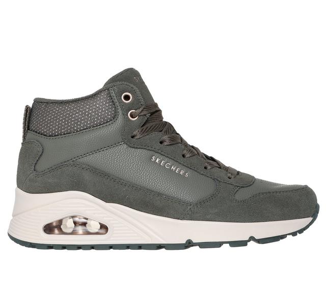 Skechers Women's UNO - Stacre Shine Sneaker in Olive, Size 4 | Leather/Synthetic/Textile