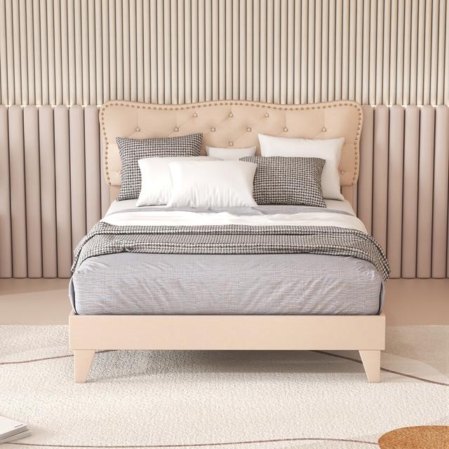 TEMU Goflame Double/king Size Bed Frame, Modern Linen Upholstered Platform Bed Frame With Button Tufted Headboard, Wooden Slats Support Mattress Foundation, Easy Assembly, Spring Needed, Beige