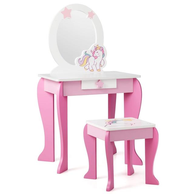 TEMU Children's Dressing Table With Stool, Princess Vanity With Drawer And Removable Mirror, Pink Hairdressing Table For Girls Ages 3 - 7 (pink)