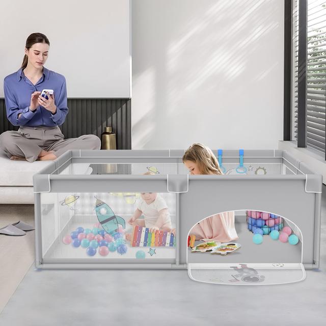 TEMU Playpen Baby Playpen With Anti-collision Foam Barrier, Breathable Mesh, Zipper (gray, 127x127x68cm/150x180x68cm/180x200x68cm)