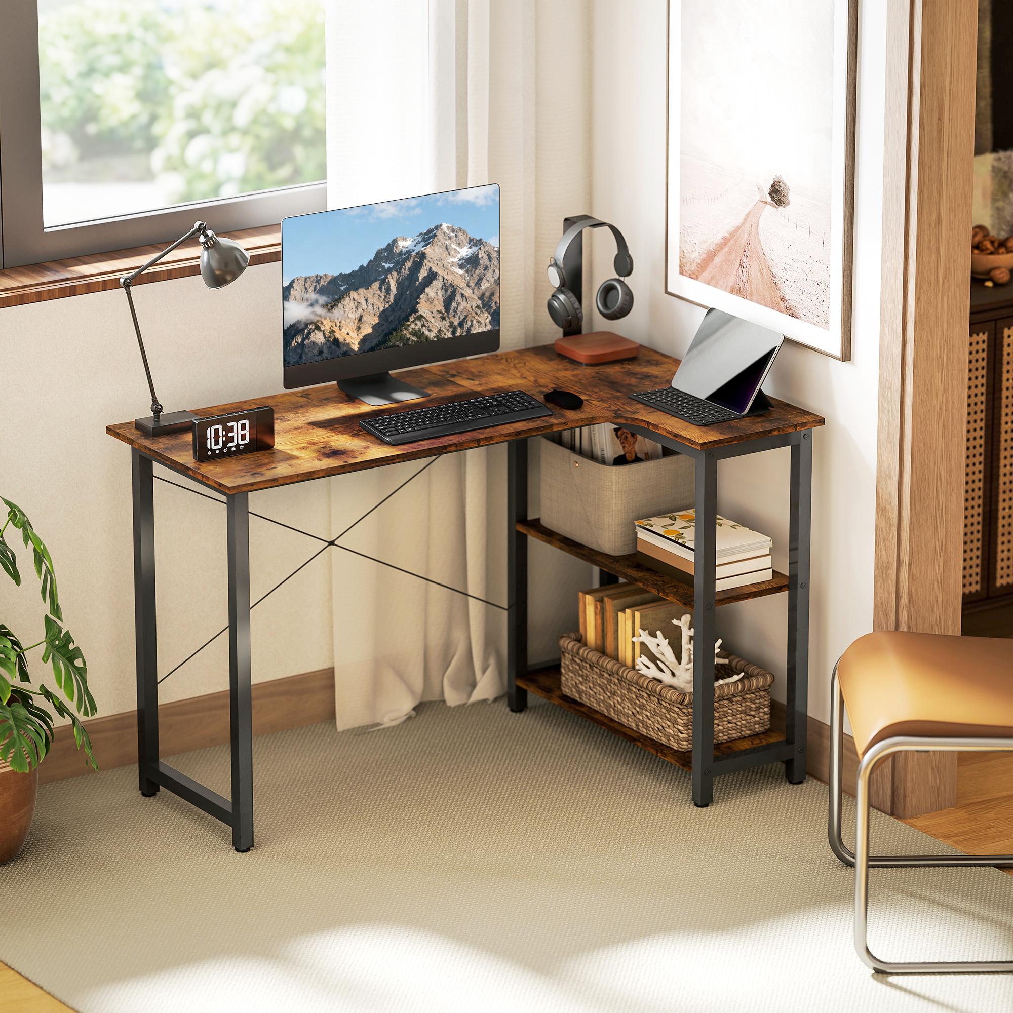 TEMU L Shaped Desk, Corner Computer Desk With Bookshelf For Home Office, Study Room, Workstation, 120 X 73.2 X 75cm, Rustic Brown