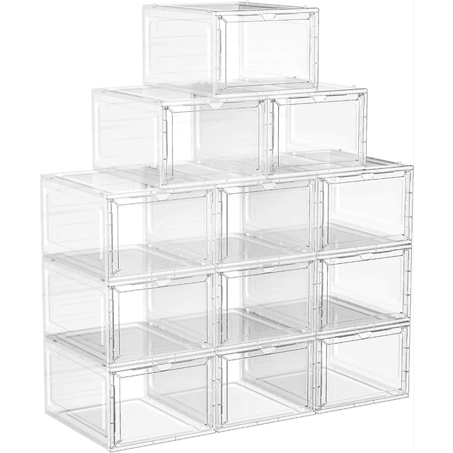 TEMU Shoe Boxes, Plastic Shoe Storage Organisers With Clear Doors, Set Of 12, Stackable, Easy Assembly, 27 X 34.5 X 19 Cm, Up To Uk Size 10