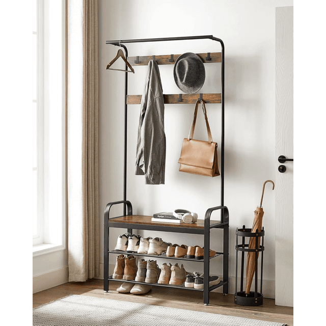 TEMU Coat Rack, Coat Stand With Shoe Storage Bench, 4-in-1 Design, With 9 Removable Hooks, A Clothes Rail, For Hallway, Entrance, 33.7 X 84 X 183 Cm, Industrial