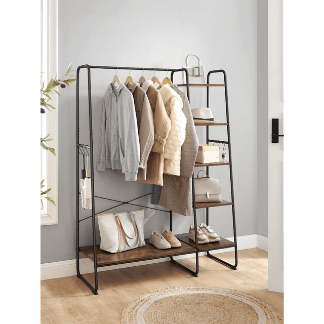 TEMU Clothes Rail Clothes Rack With Shoe Rack, 5 Tier Storage Rack, 6 Side Hooks, For Bedroom, Living Room