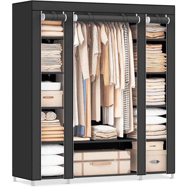 TEMU Fabric Wardrobe, Portable Wardrobe For Bedroom, Clothes Rail With Non-woven Fabric Cover, Clothes Storage Organiser, 45 X 150 X 175 Cm, 12 Compartments, Metal Frame