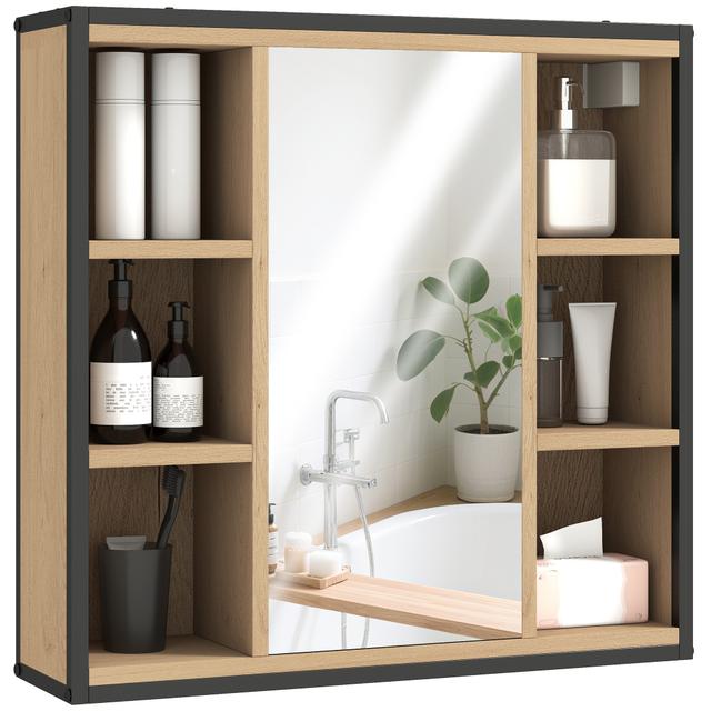 TEMU HOMCOM Armario de Baño con Espejo Armario de Pared Mueble de Baño con Estante Ajustable y 6 Compartimentos Abiertos 60x16x58,5 cm