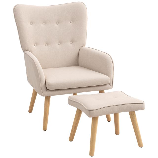 TEMU HOMCOM Sillón con Reposapiés Sillón Lectura con Respaldo Capitoné Asiento Patas de Madera y Tapizado en Lino para Salón Dormitorio Oficina Beige