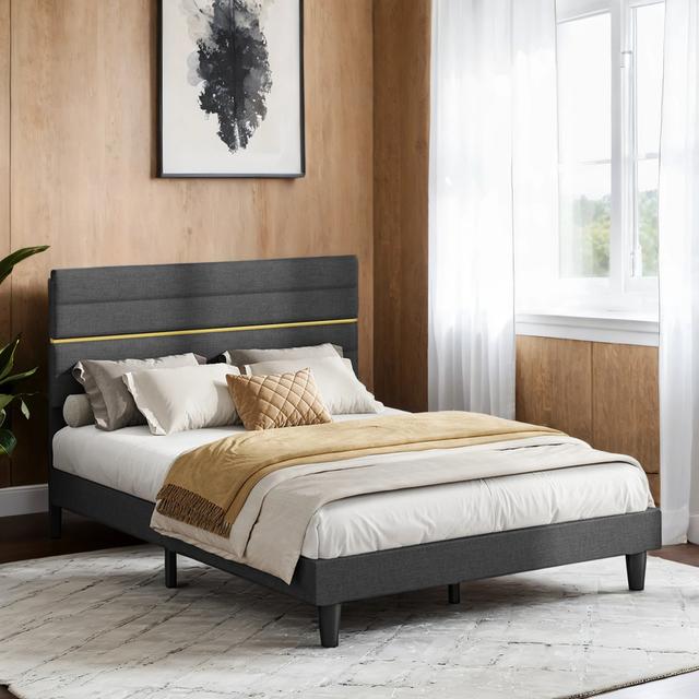 TEMU Lit Double, Cadre de Lit, Convient pour un Matelas de 140 x 190 cm, Tête de Lit Rembourrée Ajustable, en Métal, Bois , Moderne, Ardoise