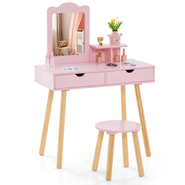 TEMU 2 in 1 Set Toeletta per Bambini, Postazione Trucco in Legno con Sgabello, Specchio Rettangolare Staccabile e 2 Cassetti Capienti, per Bambini dai 3 ai 7 Anni, 70 x 37 x 100 cm
