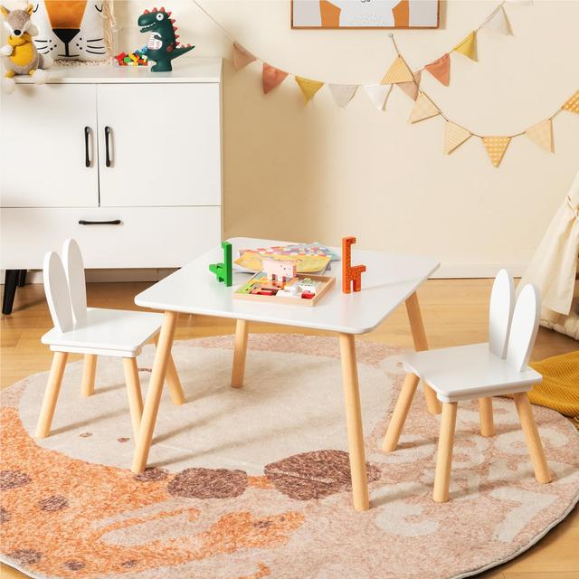 TEMU Children's Table With 2 Chairs, 3-piece Kids' Dining Set With Solid Wood Legs & Bunny Ear Backrest, Square Play Table, Kids' Furniture Set For 3-6 Year Olds (white)