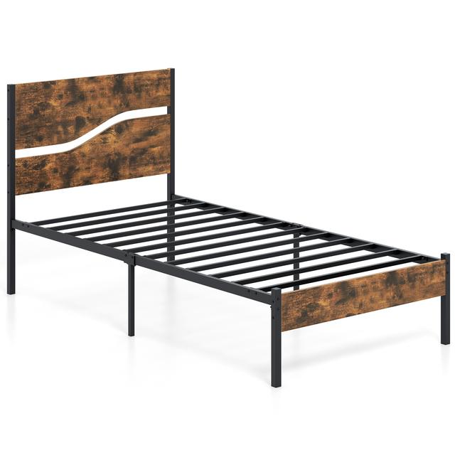 TEMU Goflame Single Metal Bed Frame Industrial Platform Bed W/ Wooden Headboard-brown