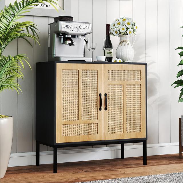 TEMU Buffet de rangement en rotin, meuble d'appoint de style bohème, avec 3 étagères réglables et 2 portes pour cuisine, salle à manger, salon et couloir (Noir)