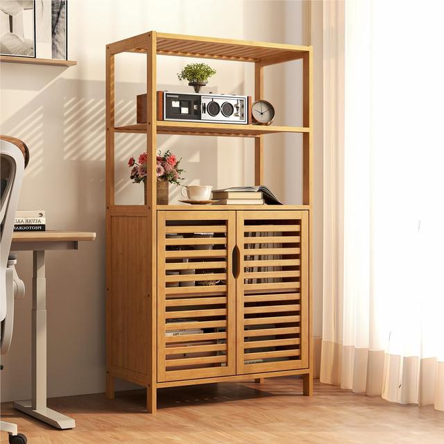 TEMU Staande Bamboe Plank met Deuren, 4-Lagen Lourde Deurkast, Vrijstaand Badkamerrek, Opbergkast voor Woonkamer, Badkamer, Keuken, 60 x 33 x 116 cm