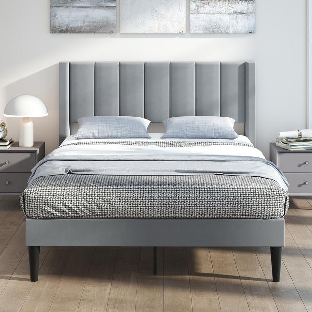 TEMU Dubbel Bedframe, Velours Stoffen Gestoffeerd Platformbed met Hoofdeinde, Houten Lattenbodem, Verstelbare Voetblokken, Geen Boxspring Nodig, 200 x 140 CM, Grijs