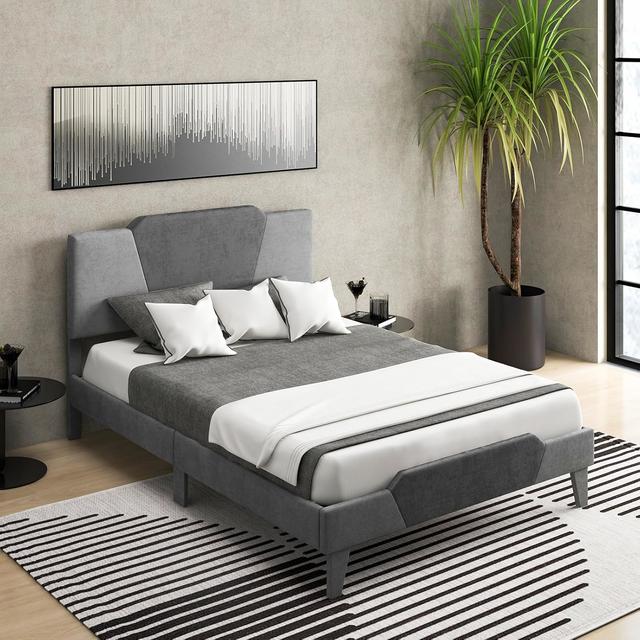 TEMU Double Size Upholstered Platform Bed, Velvet Bed Frame With Headboard, Solid Wooden Slats Support Mattress Foundation, Spring Needed, Easy Assembly, 140 X 200 Cm, Gray