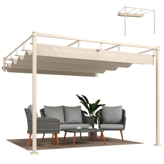 TEMU Outsunny Pérgola de Pared de Jardín 3x3 m, Cenador de Jardín con Techo Retráctil, Protección UPF30+, Orificios de Drenaje y Estructura de Acero, Pabellón para Patio, , Exterior
