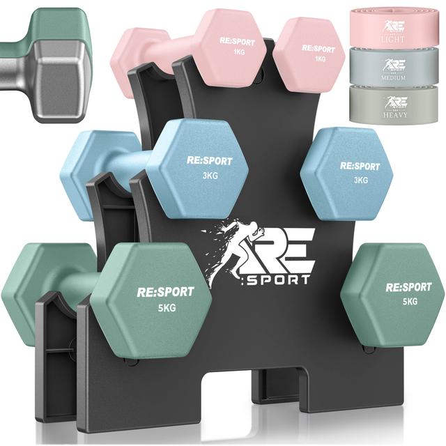 TEMU ® Dumbbell Set 3 Pairs, 1kg - 5kg, 12kg Or 18kg With Stand & 3x Fitness Bands | Non-slip Neoprene Short Dumbbells For | Dumbbells Dumbbell Set