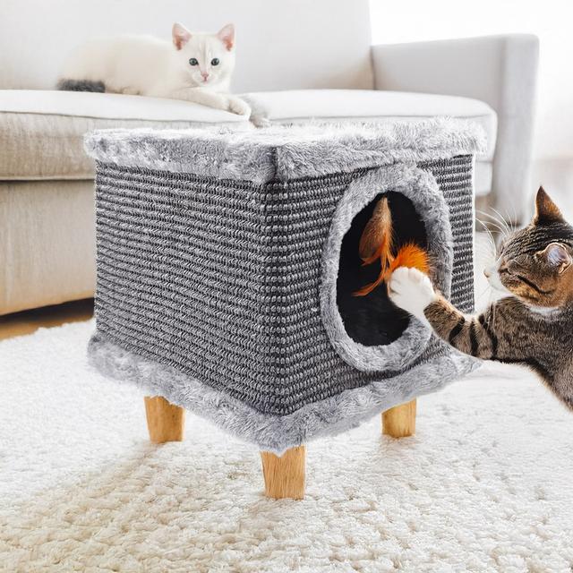 TEMU Sturdy Cat Scratching Post, Small 38cm, Gray With A Feather And A Bed, Cabin I And Cabin Ii Modern, Compact Puff-type Scratching Post, Cozy, With Durable Scratching Material On The Sides.