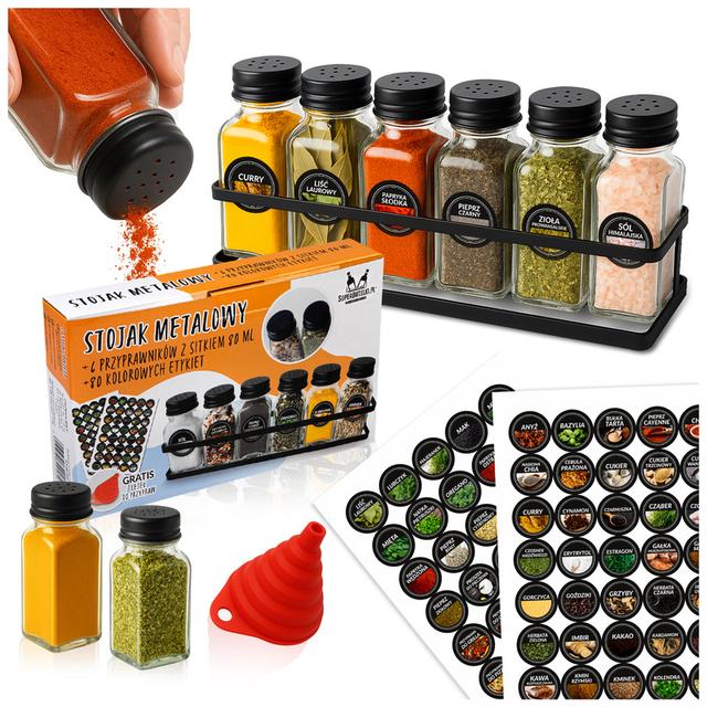 TEMU Przyprawnik metalowy stojak na przyprawy + 6x słoiczki do przypraw pieprzniczka solniczka + 80x naklejki samoprzylepne + lejek