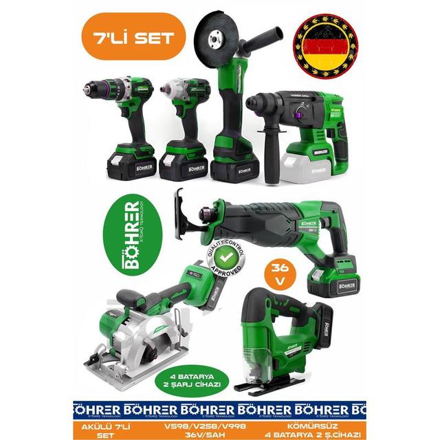 TEMU Alman 7 Makine Set BA01085Y 4 Akülü 2 Şarjlı Kömürsüz V598 5Ah Profesyonel - GREEN YEŞİL