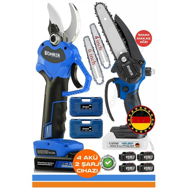 TEMU Alman Blue V598 5000mAh 30MM Akülü Budama Makası + 15 CM Akülü Budama Testeresi, +4 Adet Batarya