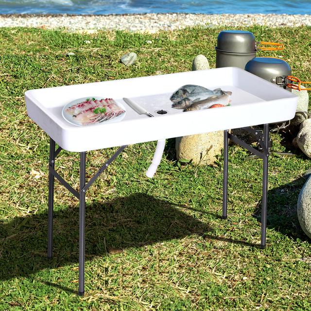 Outsunny 4ft Folding Picnic Table, Fish Fillet Cleaning Table, Camping Party Desk with Sink, White | Aosom Canada