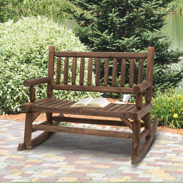 Outsunny Rustic Serenity: Outdoor Rocking Bench, 2-Person Wood Patio Rocker with Slat Back and Seat, Carbonized Finish | Aosom Canada