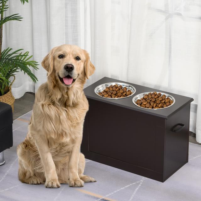 PawHut Elevated Pet Bowls for Large Dogs - Raised Dog Bowls with Storage, 2 Stainless Steel Bowls, Dark Brown | Aosom Canada