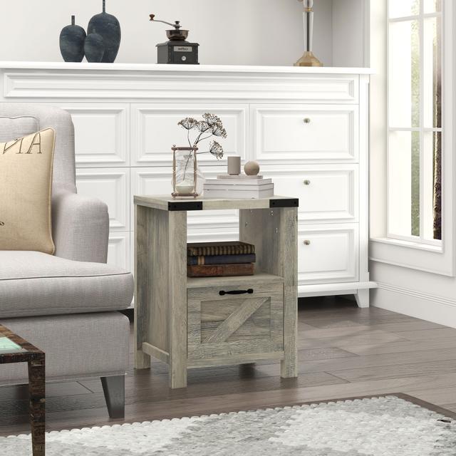 HOMCOM Industrial Grey Nightstand with Drawer and Open Shelf