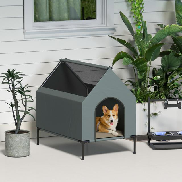 PawHut Grey Outdoor Elevated Dog Bed: Removable Cover, Mesh Windows & Storage Bag for S and M-Sized Dogs | Aosom Canada