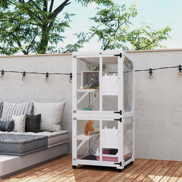 PawHut Catio Outdoor, Elevated Design, with Wheels, Resting Box, Water-Resistant, Multi Platforms, White | Aosom Canada