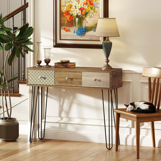 HOMCOM Narrow Console Table with Drawers, 35.4" Entryway Table with Hairpin Legs for Hallway, Foyer, Living Room, Brown | Aosom Canada
