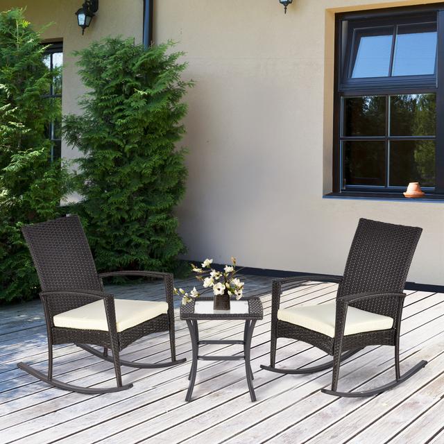 Outsunny Rocking Chair Set 3pc Rattan Wicker Outdoor Patio Furniture with Side Table Comfortable Brown | Aosom Canada