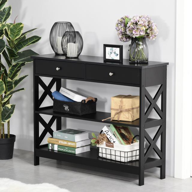 HOMCOM Sofa Side Table Console with Storage Shelves Drawers for Living Room Entryway X Frame Black | Aosom Canada
