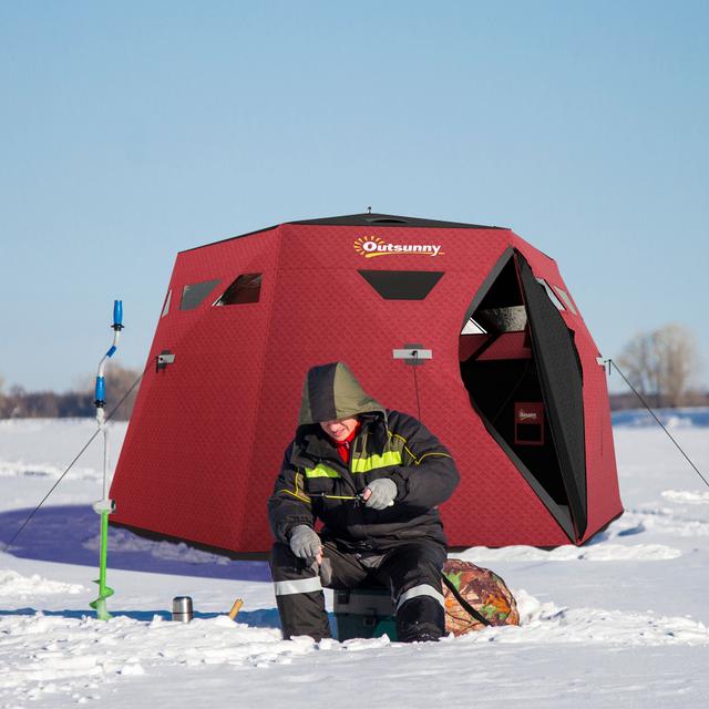 Outsunny 4 Person Insulated Ice Fishing Shelter, Pop-Up Portable Ice Fishing Tent with Carry Bag and Two Doors for -22℉, Red | Aosom Canada