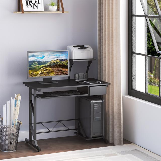 HOMCOM Compact Black Computer Desk with Keyboard Tray and Drawer