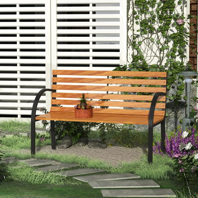 Outsunny 48"L Garden Bench Outdoor Patio 2-Person Wooden Seat Chair Park Loveseat  Yard Furniture w/ Steel Frame | Aosom Canada