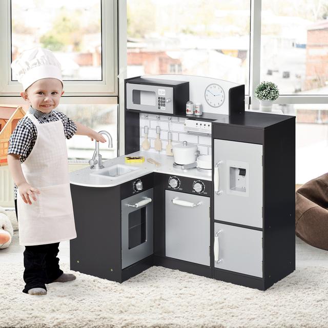 Qaba Play Kitchen Set for Kids - Black Cooking Toy with Drinking Fountain, Microwave, Fridge & Accessories | Aosom Canada
